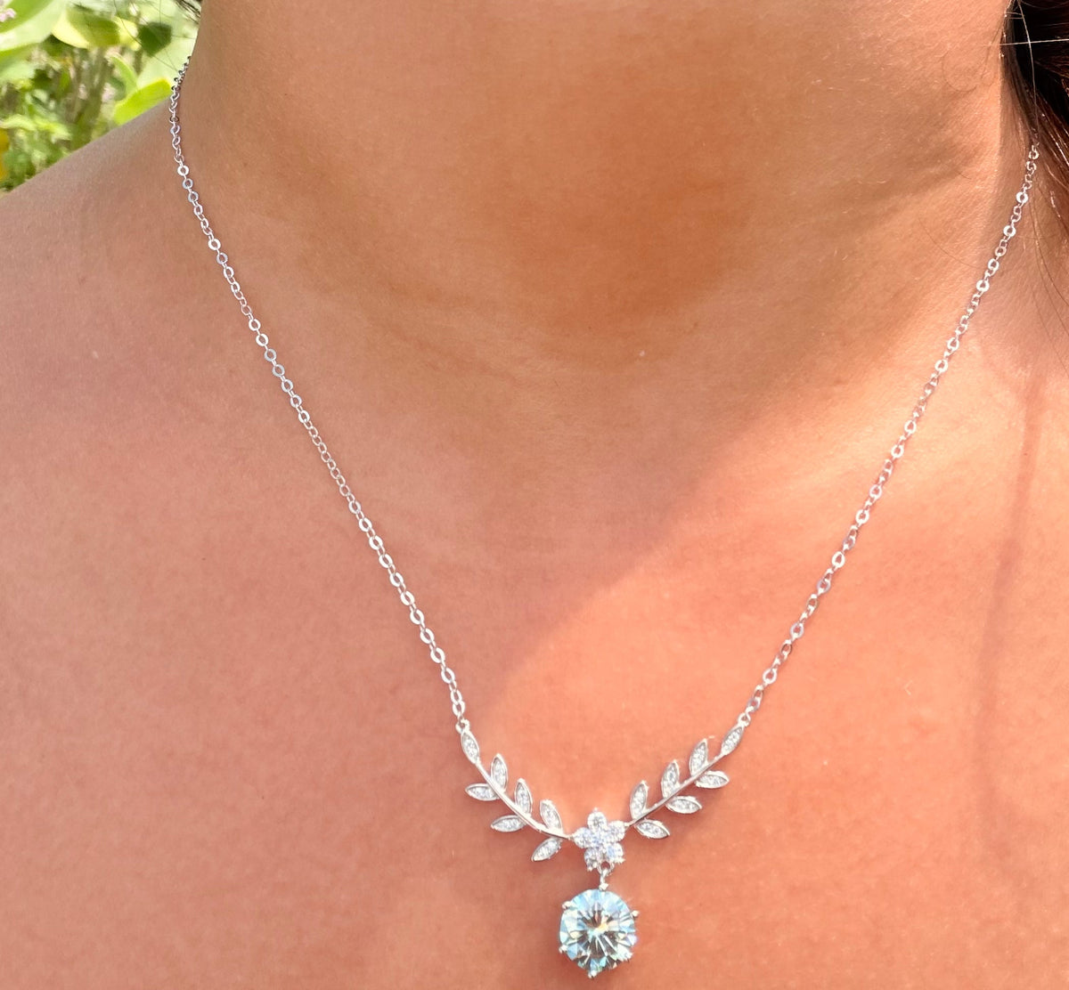 Leaf Necklace · Aqua Moissanite