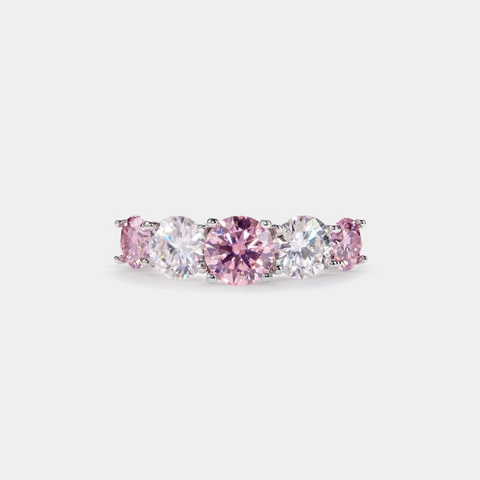 Pink and white moissanite five stone ring in sterling silver