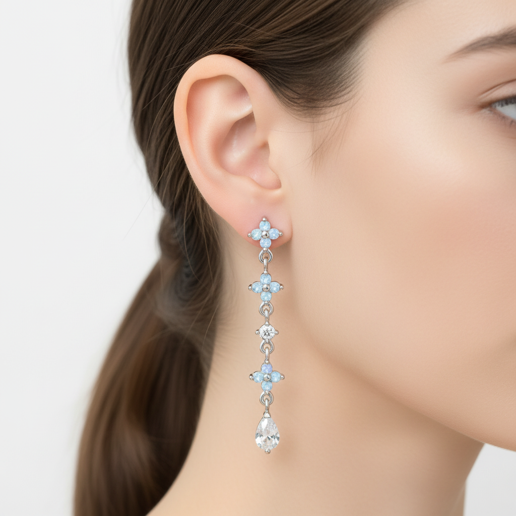 Blue Opal Flower Drop Earrings worn on ear