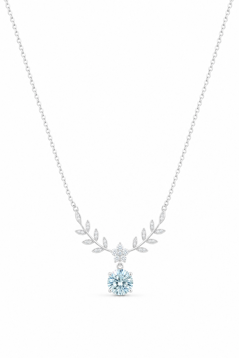 Leaf necklace with aqua moissanite in sterling silver