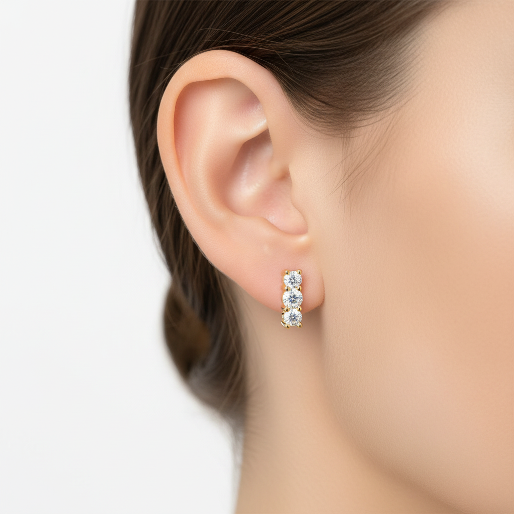 Three Stone Moissanite Earrings worn on ear